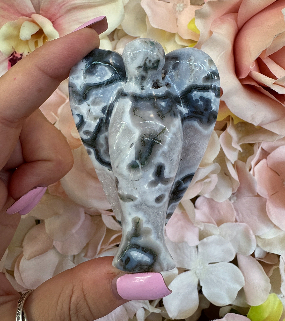 Moss Agate Crystal Angel Carving