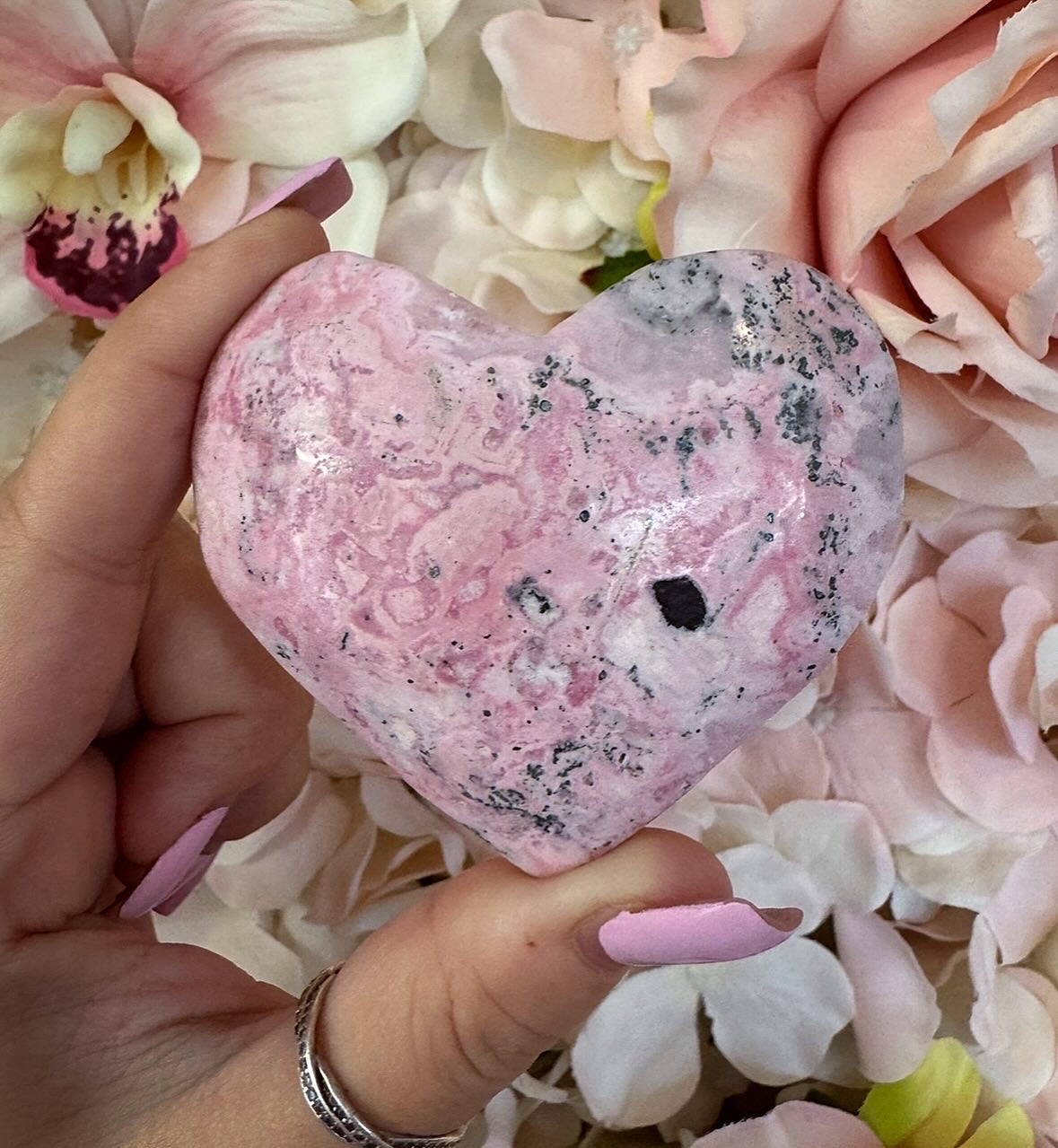 Peruvian Rhodonite Puffy Crystal Heart Carving