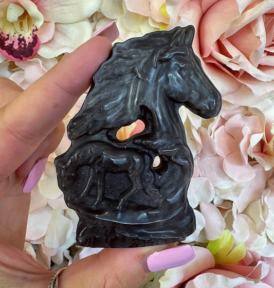 Silver Sheen Obsidian Horse Crystal Carving