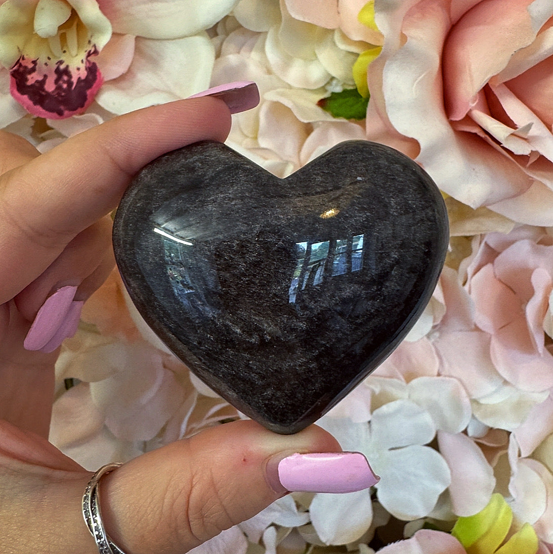 Silver Sheen Black Obsidian Heart Carving