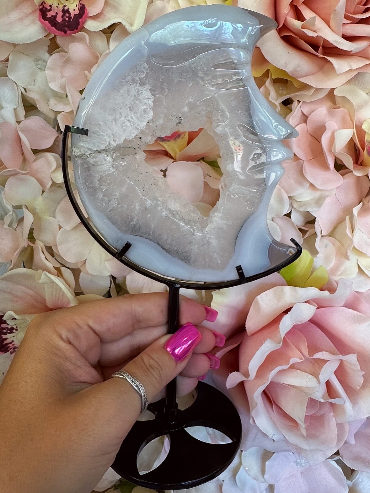 Druzy Agate Moon face on stand