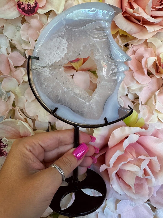 Druzy Agate Moon face on stand