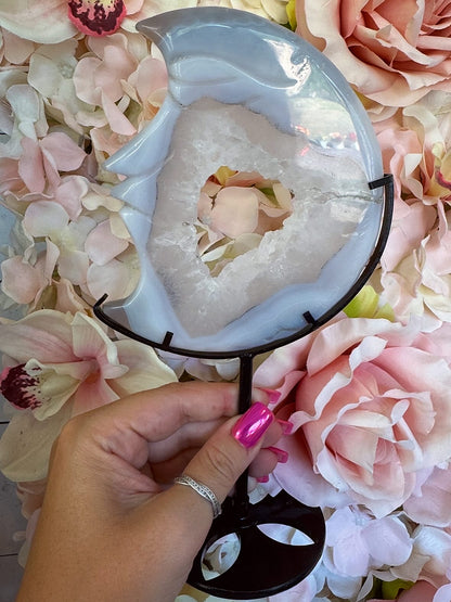 Druzy Agate Moon face on stand