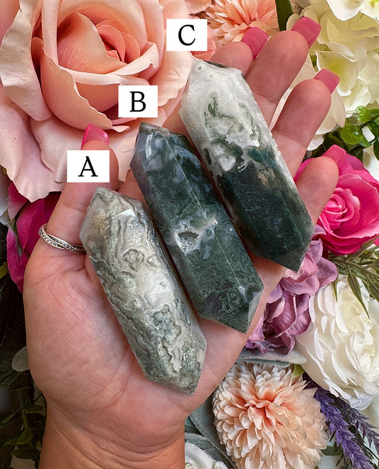 Druzy double terminated Moss Agate point