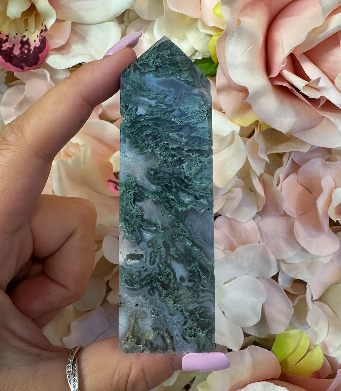 Druzy Moss Agate Crystal Tower