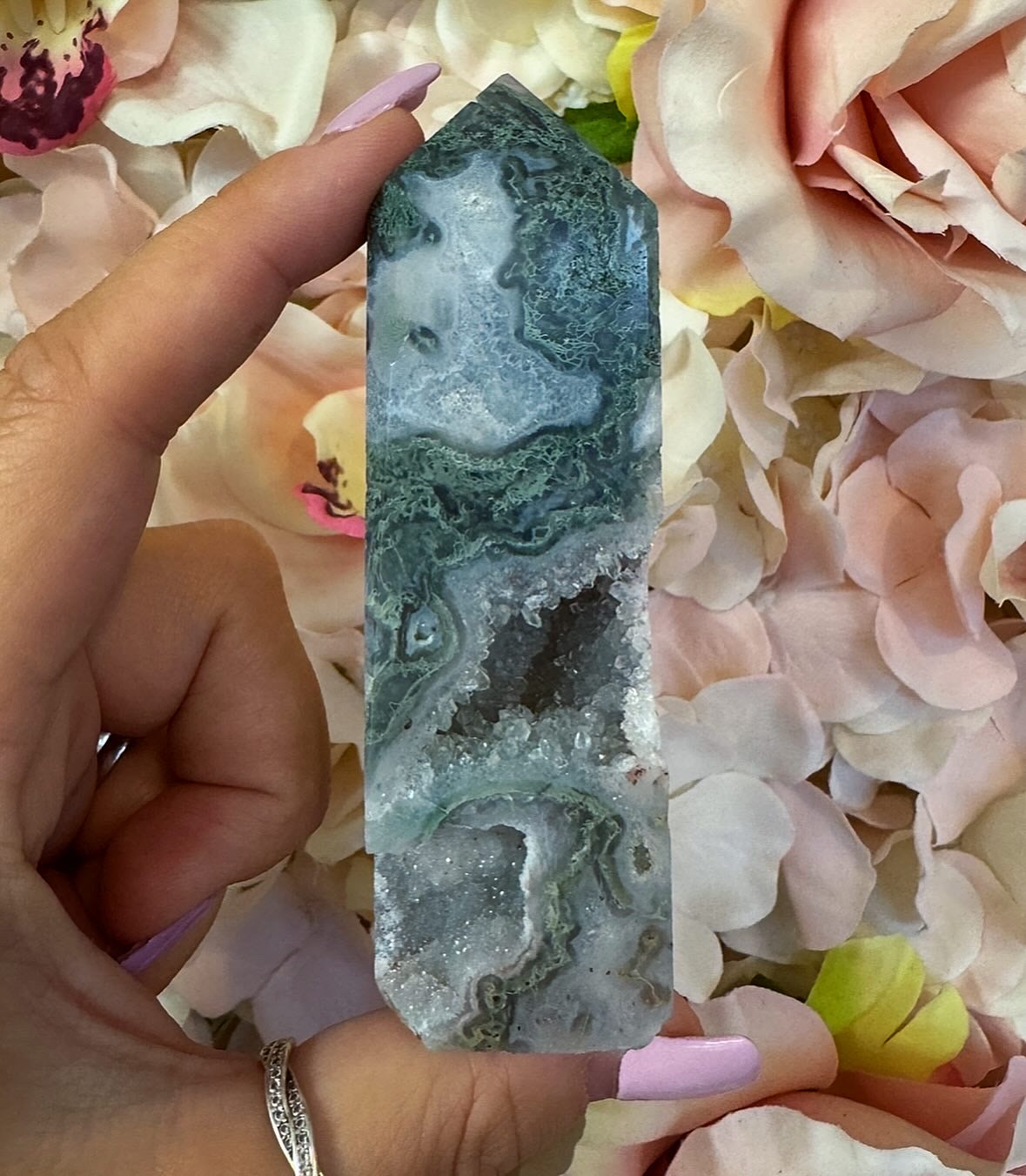 Druzy Moss Agate Crystal Tower