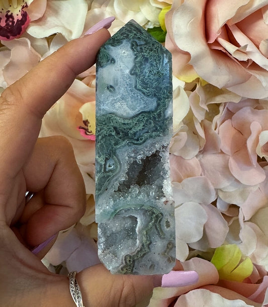 Druzy Moss Agate Crystal Tower